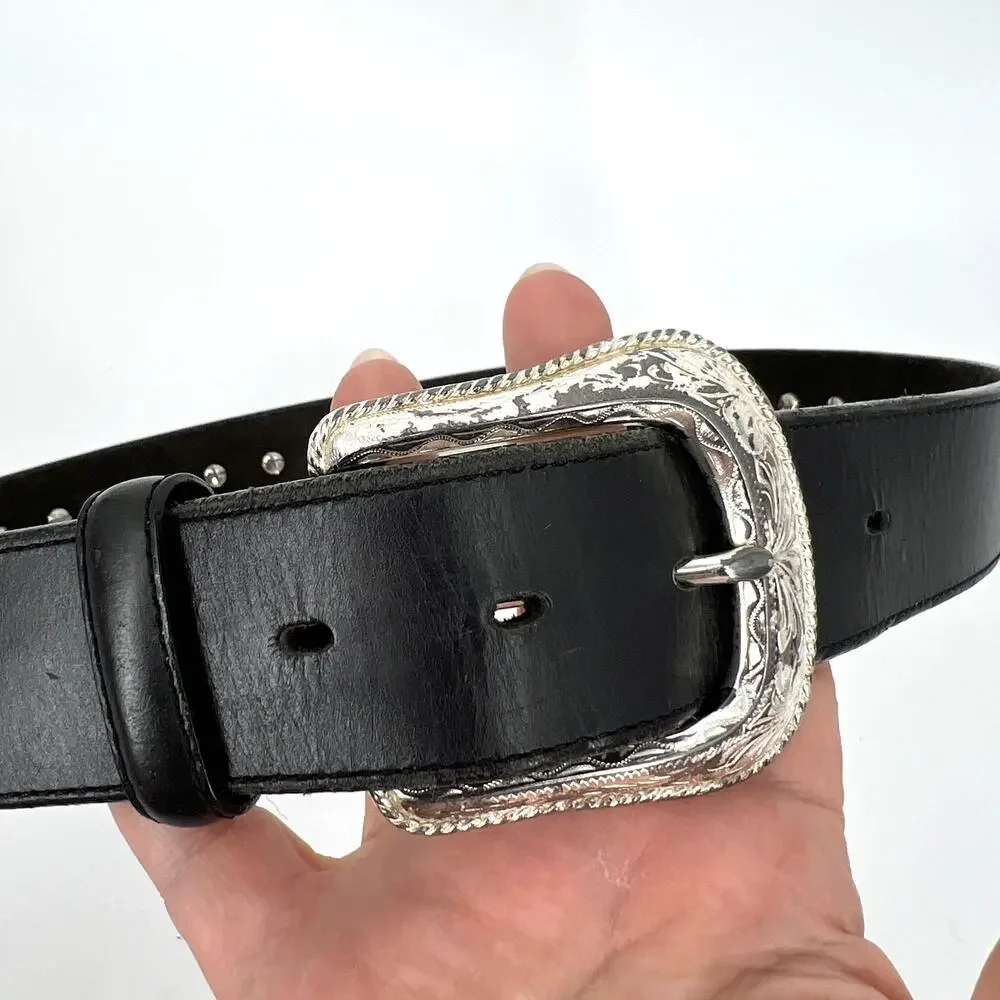 Vintage Justin Black Leather Belt Diamond Conchos Size 32
